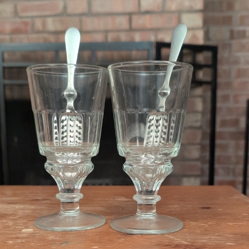 Pair Of  Glass Absinthe Glasses Goblets with Spoons